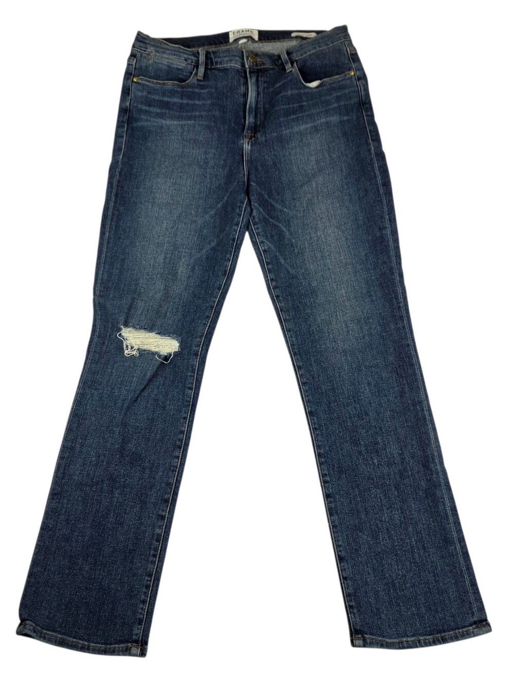 Frame Le High Straight Jeans Womens High Rise Distressed Blue Denim Size 32